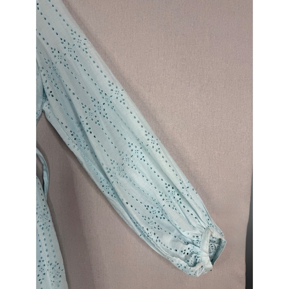 Anthropologie Eyelet Mini Dress Womens Size 6 Light Blue V-Neck Long Sleeve Boho - Picture 4 of 8